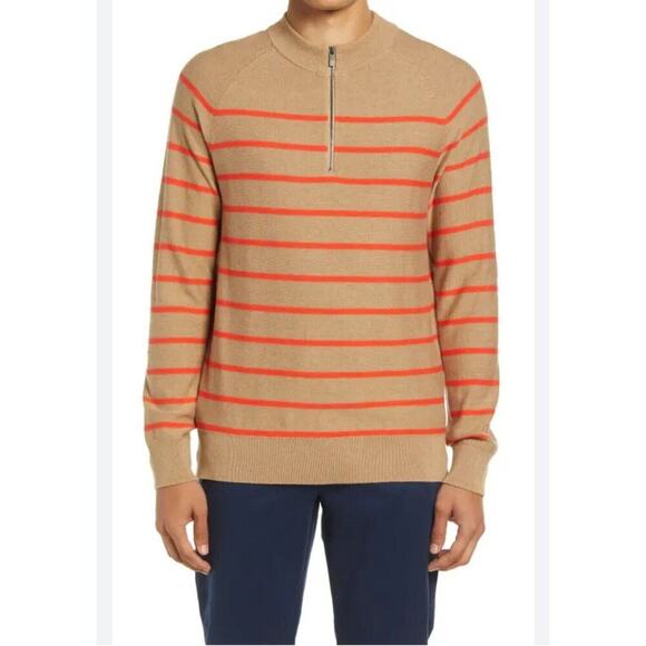 Nordstrom Open Edit NEW Cotton Blend Tan & Orange Stripe 3/4 Zip Knit Sweater M - Picture 1 of 6